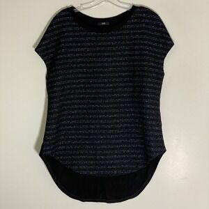 Ruti Top Womens 2 Black Blue Metallic Striped Modern Style Hi Lo Oversized Boho
